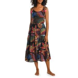 LA Blanca Sunlit Soiree Floral Tiered Crepe Swim Cover Up Midi Dress Black 8